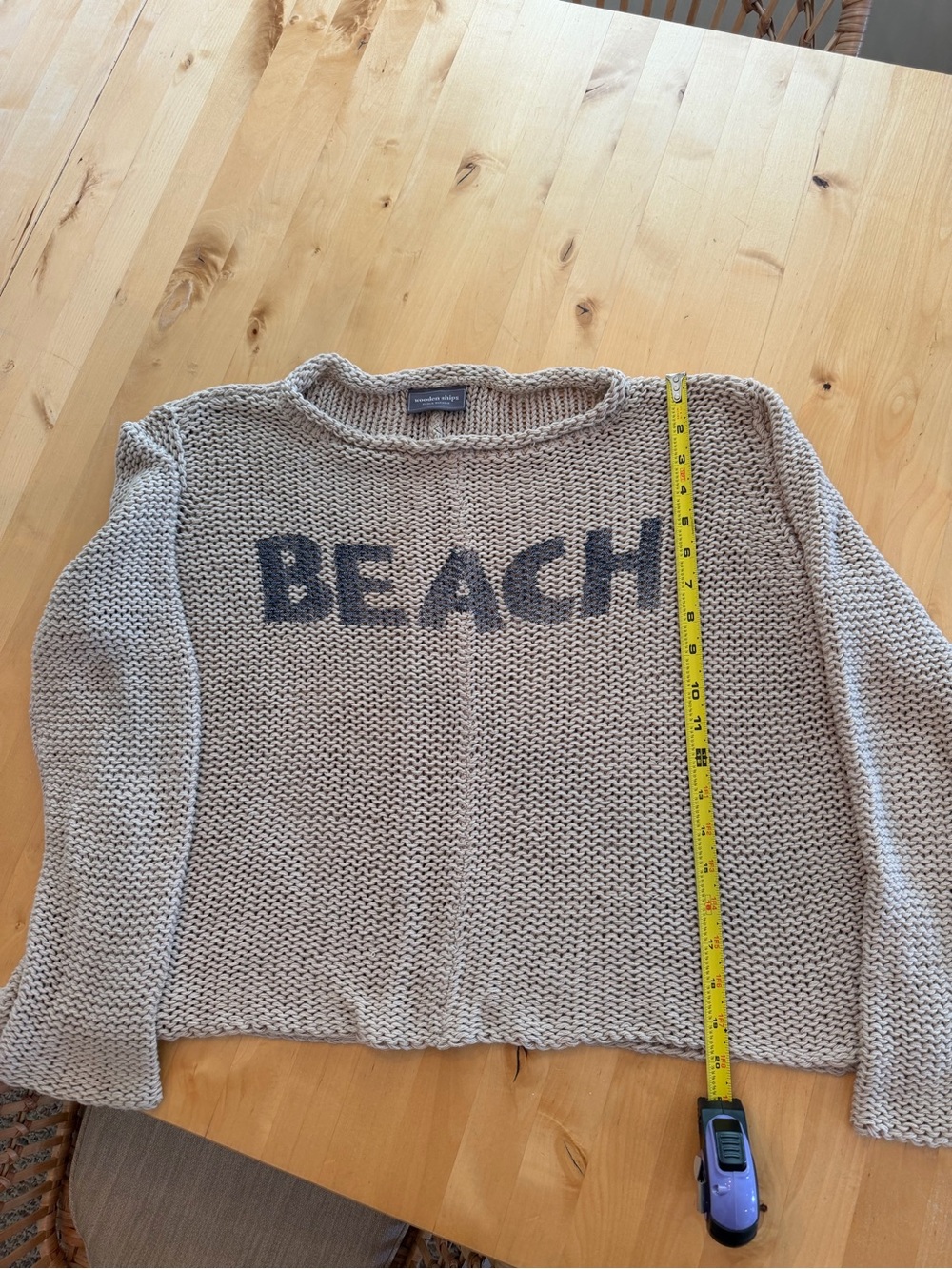 Wooden Ships "Beach" Knit Sweater - Beige Crewneck Sweater with Navy Lettering!